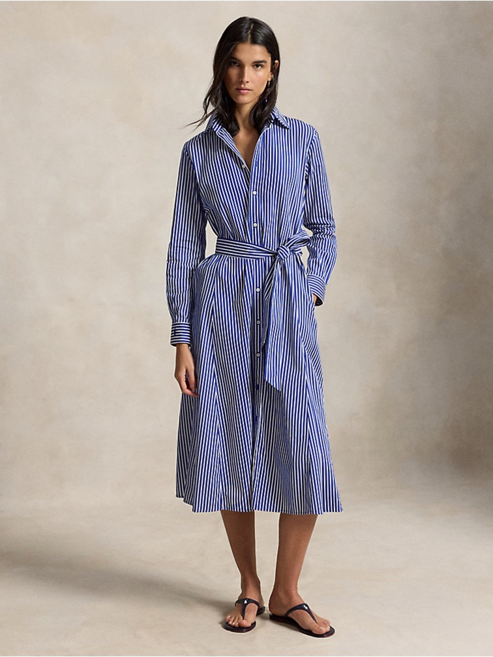 Polo Ralph Lauren Bright Navy & White Button Down Belted Midi Dress
